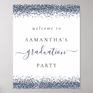 Trendy Blue Glitter Welcome Graduation Party Poster