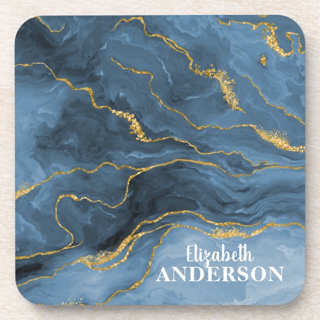 Trendy Blue Gold Agate Geode Marble Monogram Coaster (Front)