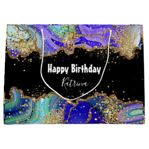 Trendy Blue Gold Agate Marbled  Large Gift Bag