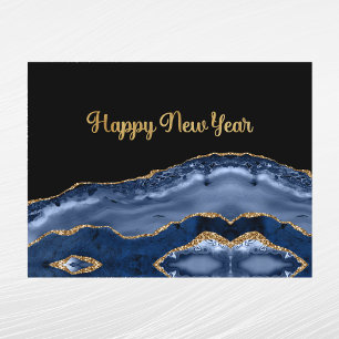 Trendy Blue Gold Agate New Year Holiday Postcard