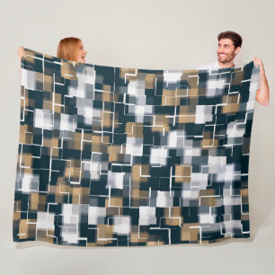 Trendy Blue Gold Brown Black White Plaid Fleece Blanket