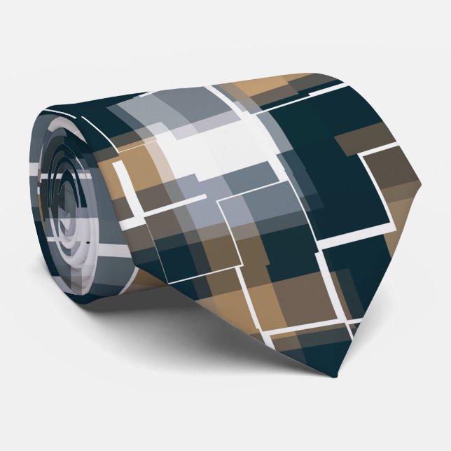 Trendy Blue Gold Brown Black White Plaid  Tie (Rolled)