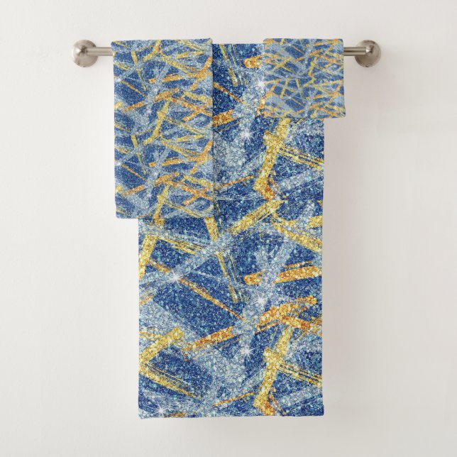 Trendy Blue Gold Glitter Abstract Brush Strokes Bath Towel Set (Insitu)