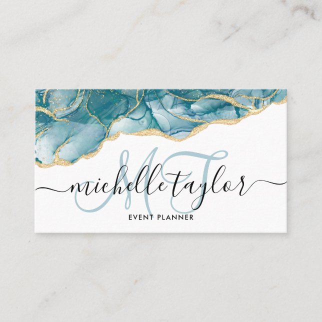 Trendy Blue Gold Monogram Makeup Artist Hair Salon Business Card (Front)