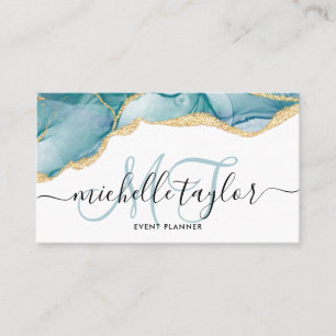 Trendy Blue Gold Monogram Makeup Artist Hair Salon Business Card