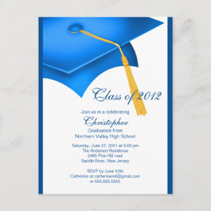 Trendy Blue Grad Cap Graduation Party Invitation Postcard