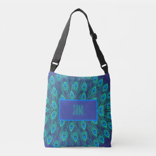 TRENDY BLUE GREEN & TEAL STYLIZED PEACOCK FEATHERS CROSSBODY BAG