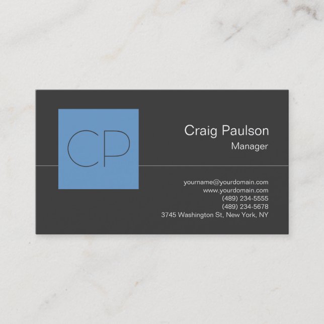 Trendy Blue Grey Chic Monogram Business Card (Front)