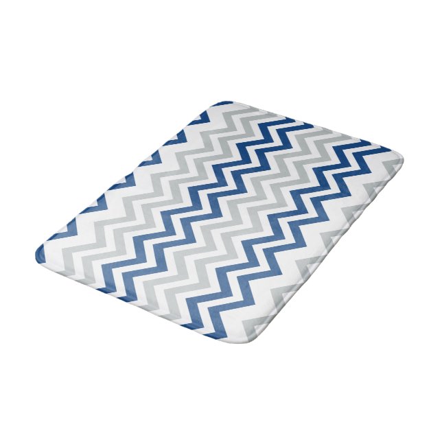 Trendy Blue Grey White Chevron Pattern Bath Mat (Angled)