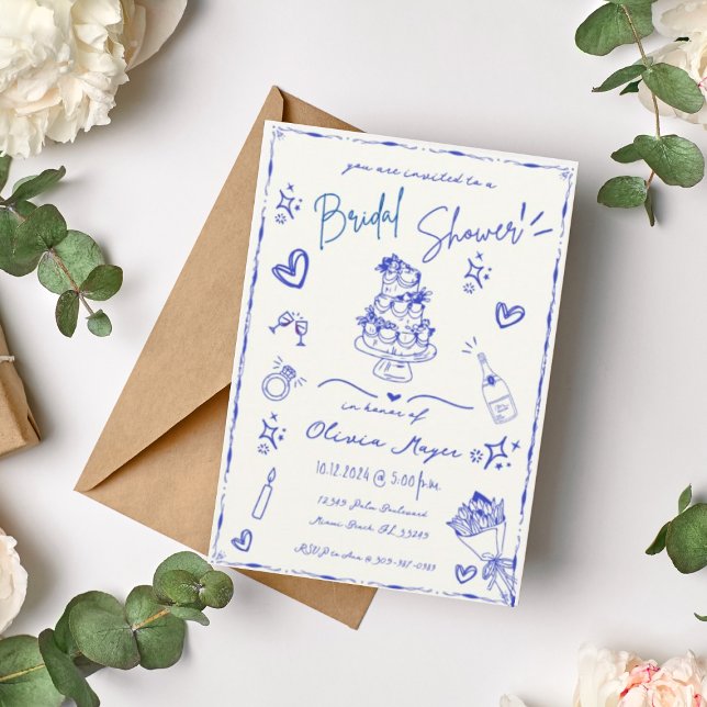 Trendy Blue Hand Drawn Scribble Fun Bridal Shower Invitation (Creator Uploaded)