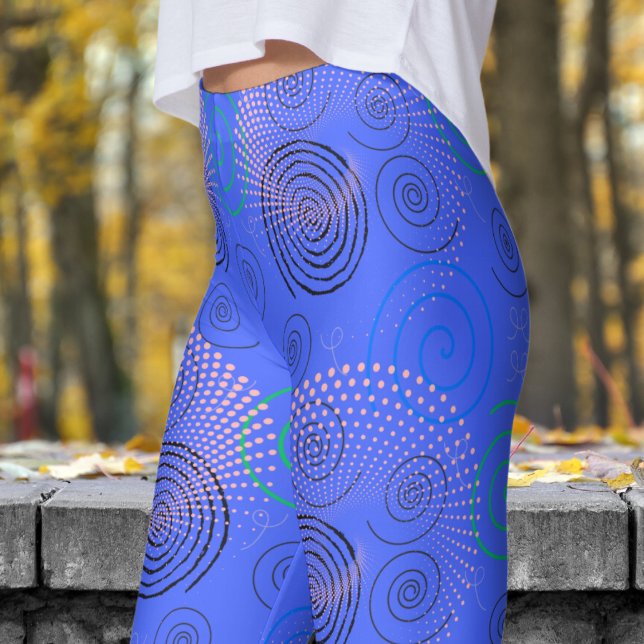 Trendy Blue Hypnotic Swirls Pattern Leggings (Hypnotic Swirls on Neon Blue)