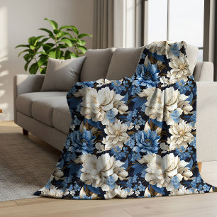 Trendy Blue Ivory Floral Cosy Soft Throw Blanket