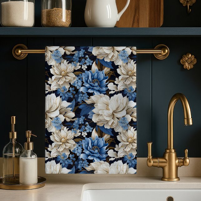 Trendy Blue Ivory Floral Stylish Kitchen Towel (Trendy Blue Ivory Floral Stylish Kitchen Towel)