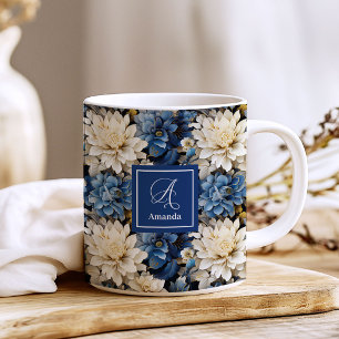 Trendy Blue Ivory Flowers Personalised Coffee Mug