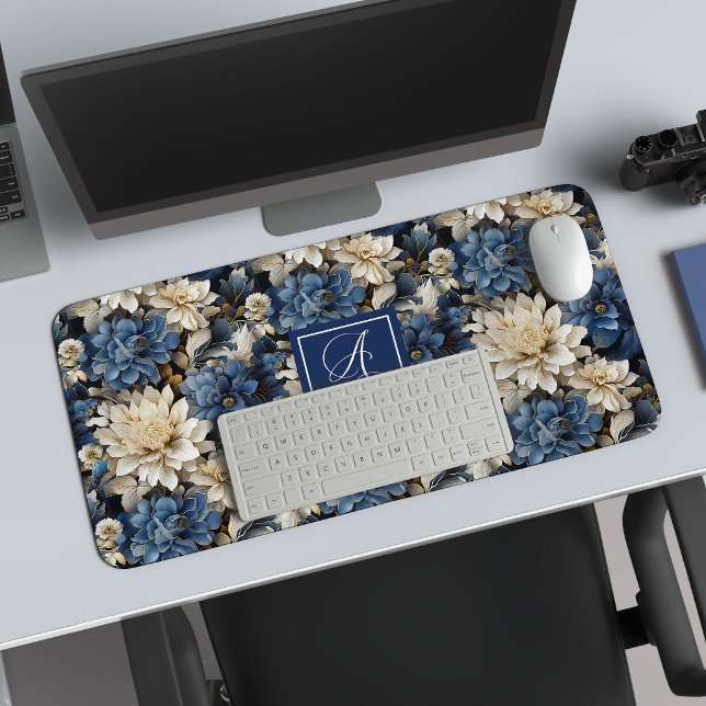 Trendy Blue Ivory Flowers Personalised Desk Mat (Trendy Blue Ivory Flowers Personalized Desk Mat)