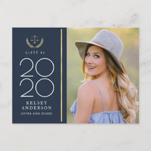 trendy blue law school graduation announcement postcard
