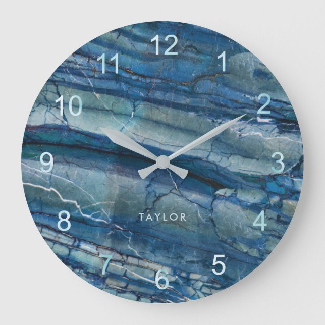 Trendy Blue Marble Look Large Clock (Front)