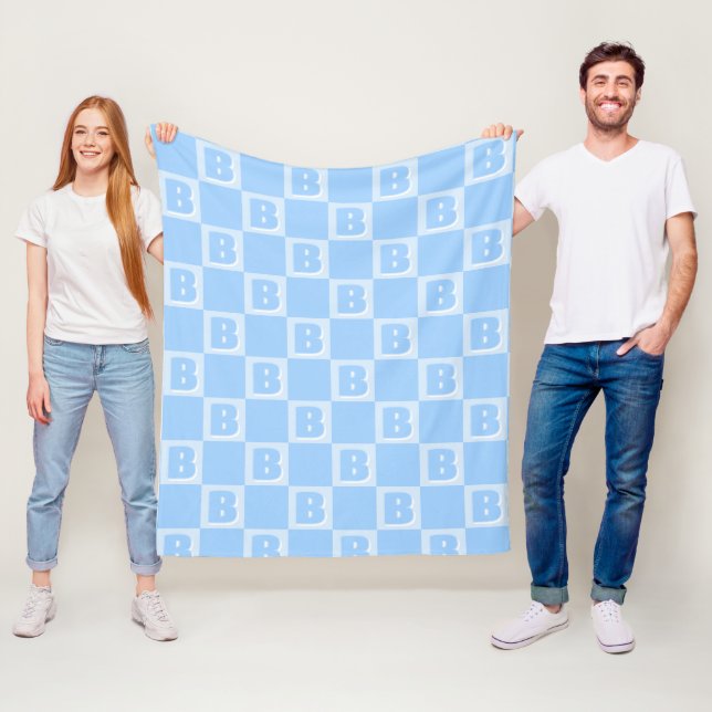 Trendy Blue Monogram Initial Checkered  Fleece Blanket (In Situ)