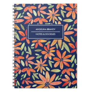 Trendy Blue & Orange Watercolor Flower Notebook