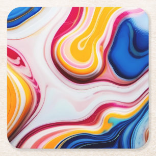 Trendy Blue Pink yellow white faux marble Square Paper Coaster