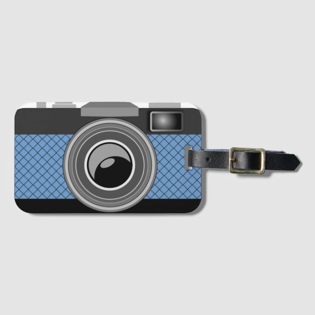 TRENDY BLUE RETRO PHOTO CAMERA LUGGAGE TAG (Front Horizontal)