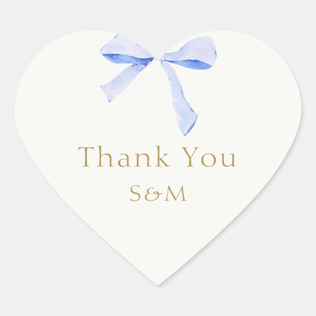 Trendy Blue Ribbon Wedding Thank You Heart Sticker (Front)