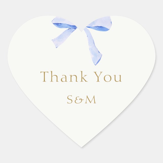 Trendy Blue Ribbon Wedding Thank You Heart Sticker (Front)