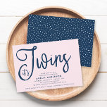 Trendy Blue Script It's Twins Girl Baby Shower Invitation<br><div class="desc">Celebrate the mum-to-be or the parents-to-be of twins with this stylish Baby Shower invitation featuring the words "It's Twins" in trendy blue brush script against a light pink background. Card has a blue and white speckled pattern back side. It's perfect for a girl baby shower. Check out more baby shower...</div>