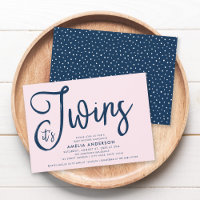 Trendy Blue Script It's Twins Girl Baby Shower
