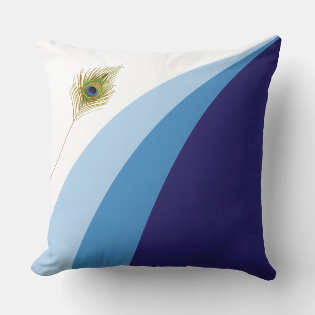 Trendy Blue Shades Wavy Lines & Peacock Feather Cushion (Front)