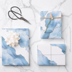 Trendy Blue Silver Agate Wrapping Paper Sheet