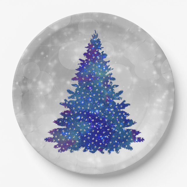 Trendy Blue Silver Glitter Tree Christmas Paper Plate (Front)