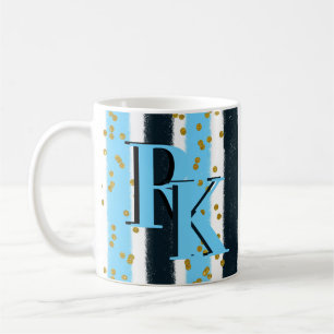 Trendy Blue Stripe Gold Glitter Monogram Glam Coffee Mug
