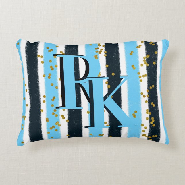 Trendy Blue Stripe Gold Glitter Monogram Glam Decorative Cushion (Front)