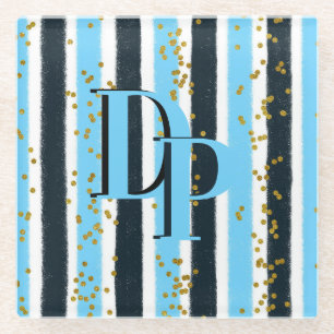 Trendy Blue Stripe Gold Glitter Monogram Glam Glass Coaster