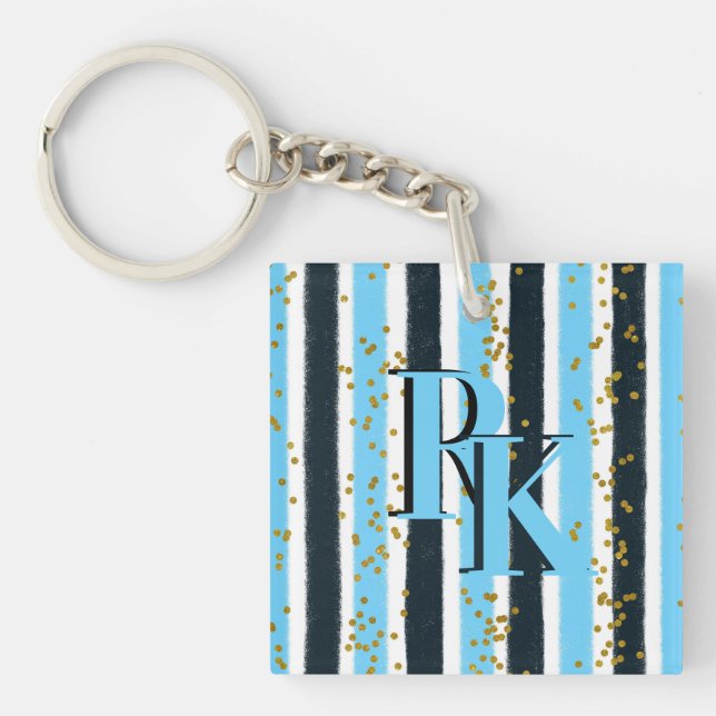 Trendy Blue Stripe Gold Glitter Monogram Glam Key Ring (Front)