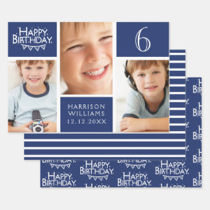 Trendy Blue Stripe Photo Collage Happy Birthday Wrapping Paper Sheet