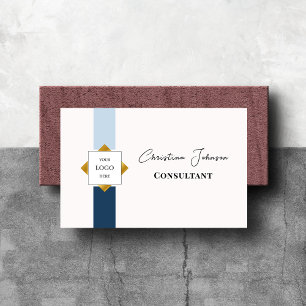 Trendy Blue Stripes Gold Logo Business Card