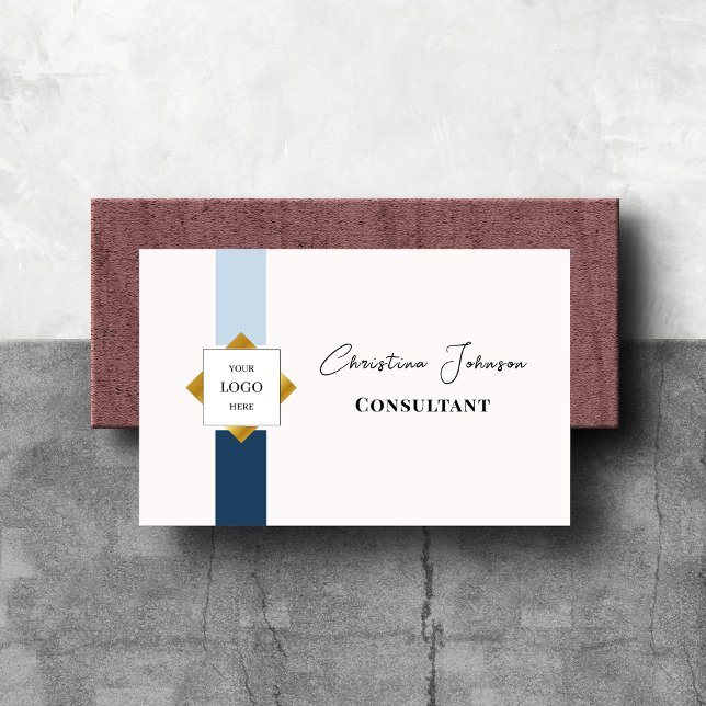 Trendy Blue Stripes Gold Logo Business Card (Creator Uploaded)