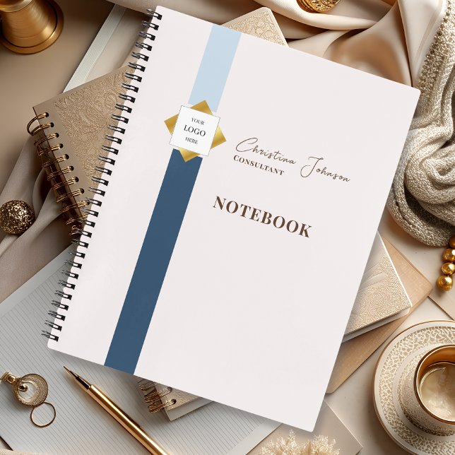 Trendy Blue Stripes Gold Logo Notebook (Creator Uploaded)