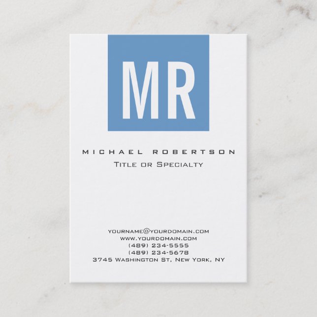 Trendy Blue Stylish Monogram White Business Card (Front)