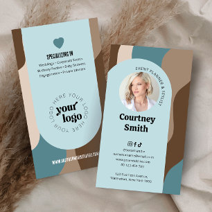 Trendy Blue & Taupe Groovy Retro Logo Photo Business Card