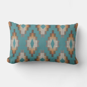 Trendy Blue Teal Orange Brown Taupe Tribal Art Lumbar Cushion