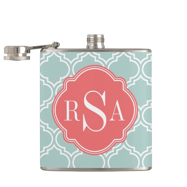 Trendy Blue Trellis Pattern Coral Monogram Hip Flask (Opened)