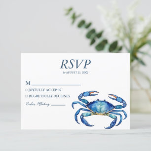 Trendy Blue Watercolor Crab Nautical Beach Wedding RSVP Card