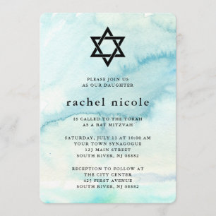Trendy Blue Watercolor Look Bat Mitzvah Invitation