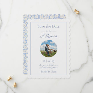 Trendy Blue & White Floral Daisy Photo Wedding Save The Date