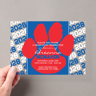 Trendy Blue, White & Red Graduation Pawprint Clear Acrylic Invitations