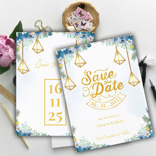Trendy Blue Yellow Floral With Lanterns Wedding Announcement Postcard