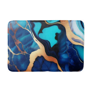 Trendy Blue yellow Gold faux marble Bath Mat